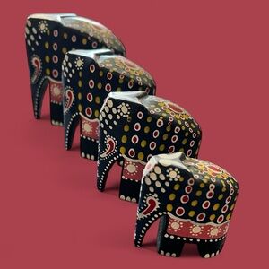 Vintage Hand Carved Colorful Elephant Set of 4
